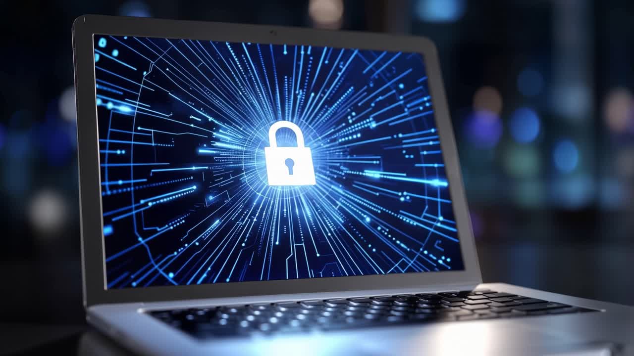 A Laptop Displaying a Digital Lock, Emphasizing Cybersecurity and Data Protection with High-Tech Visual Effects in a Modern Environment