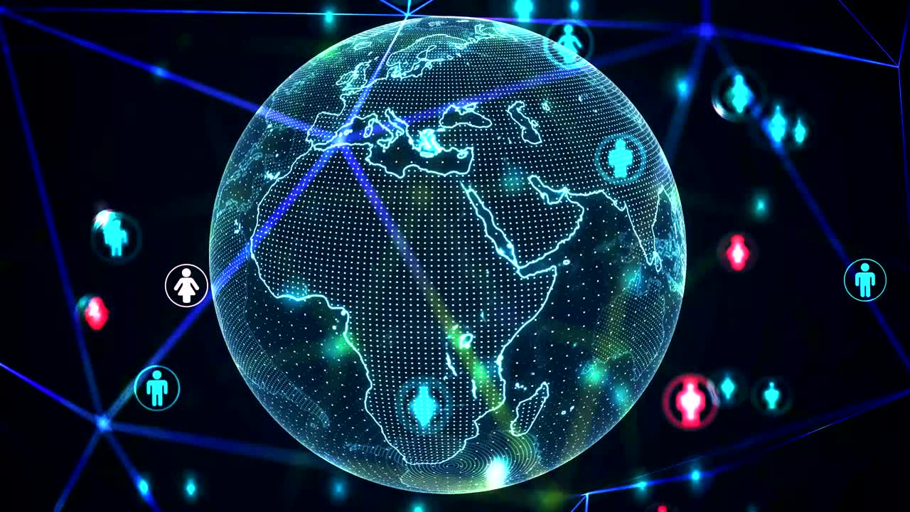 회전하는 지구 지구 위의 많은 사람들. 소셜 네트워크 개념. 루핑 애니메이션.