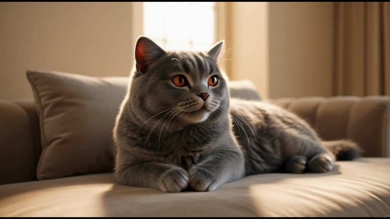 Grey British Shorthair Cat Resting on a Comfortable Sofa