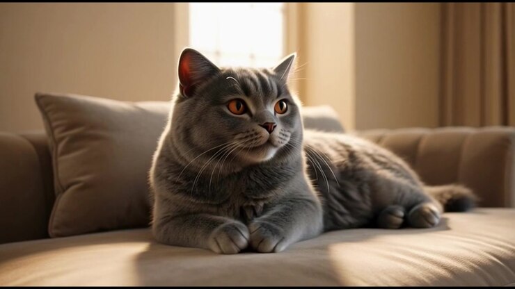 Grey British Shorthair Cat Resting on a Comfortable Sofa