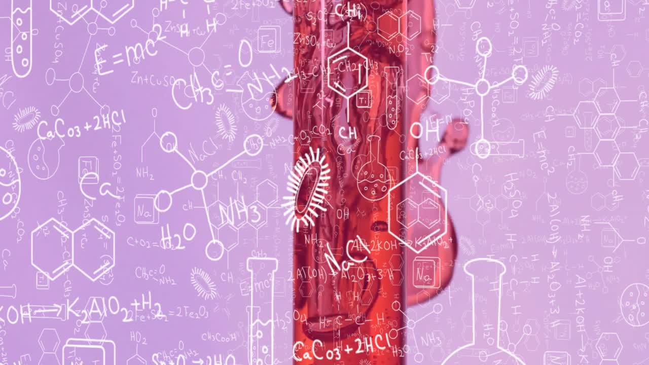 試験管内の赤い液体上に表示される化学式と科学記号のアニメーション