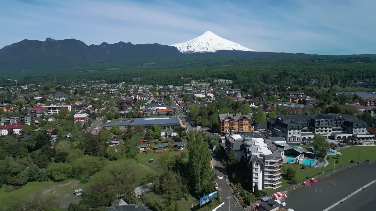 Orbiting shot of Pucon’s coastline and city center with the iconic Villarrica volcano in the background