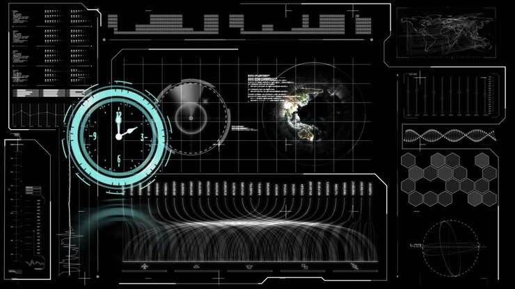 Animation of clock moving fast and data processing with globe on screen