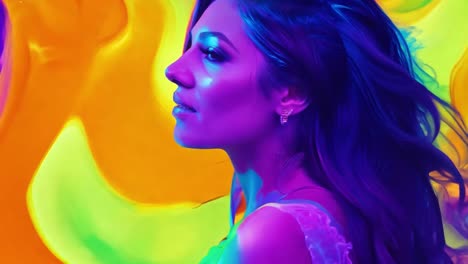 una mujer con cabello oscuro largo está iluminada con luces de neón frente a un fondo abstracto
