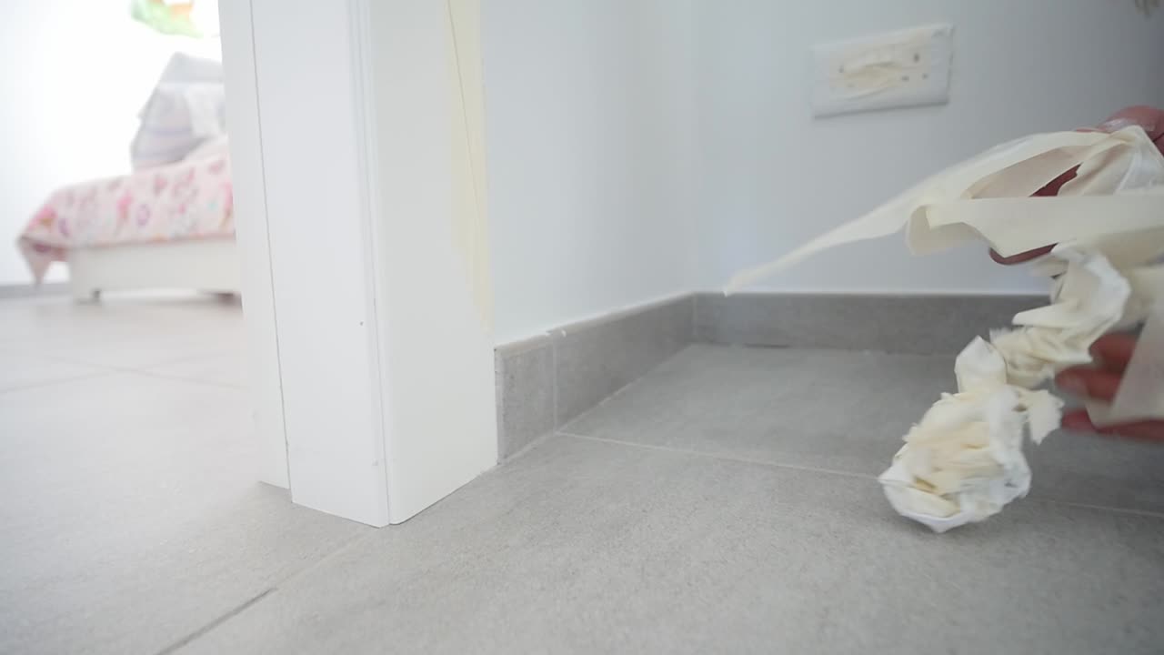 Woman's Hands Removing Tape After DIY Paint Job At Home Close Up In Slow Motion