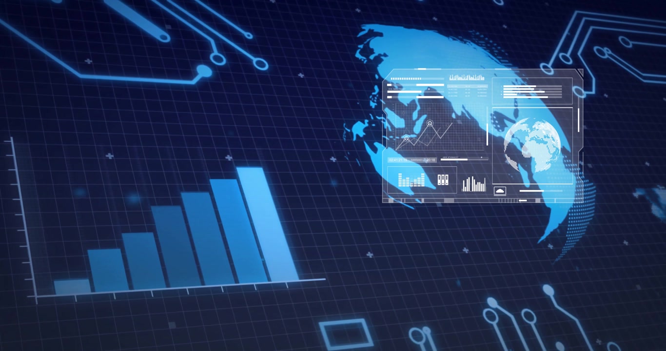 3D-rendered data dashboard displaying bar charts, line graphs and clock gauge over dark blue grid