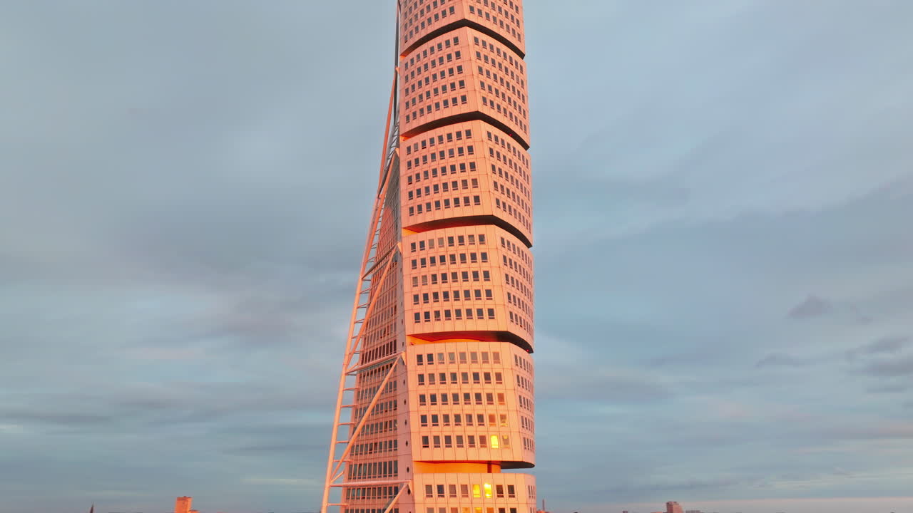 Aerial drone view of Turning Torso residential skyscraper in Malmo, Sweden