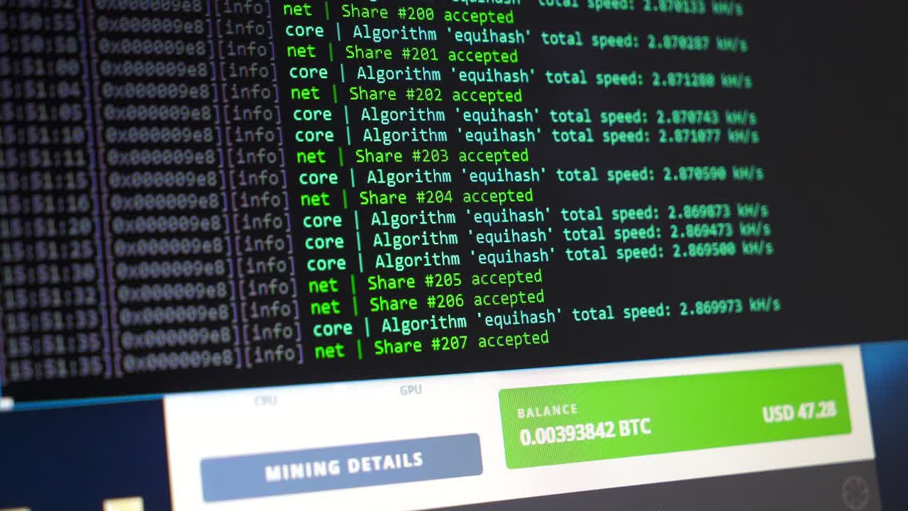Concept of mining bitcoins. Crypto farm. Flow of information strings and data. Binary code