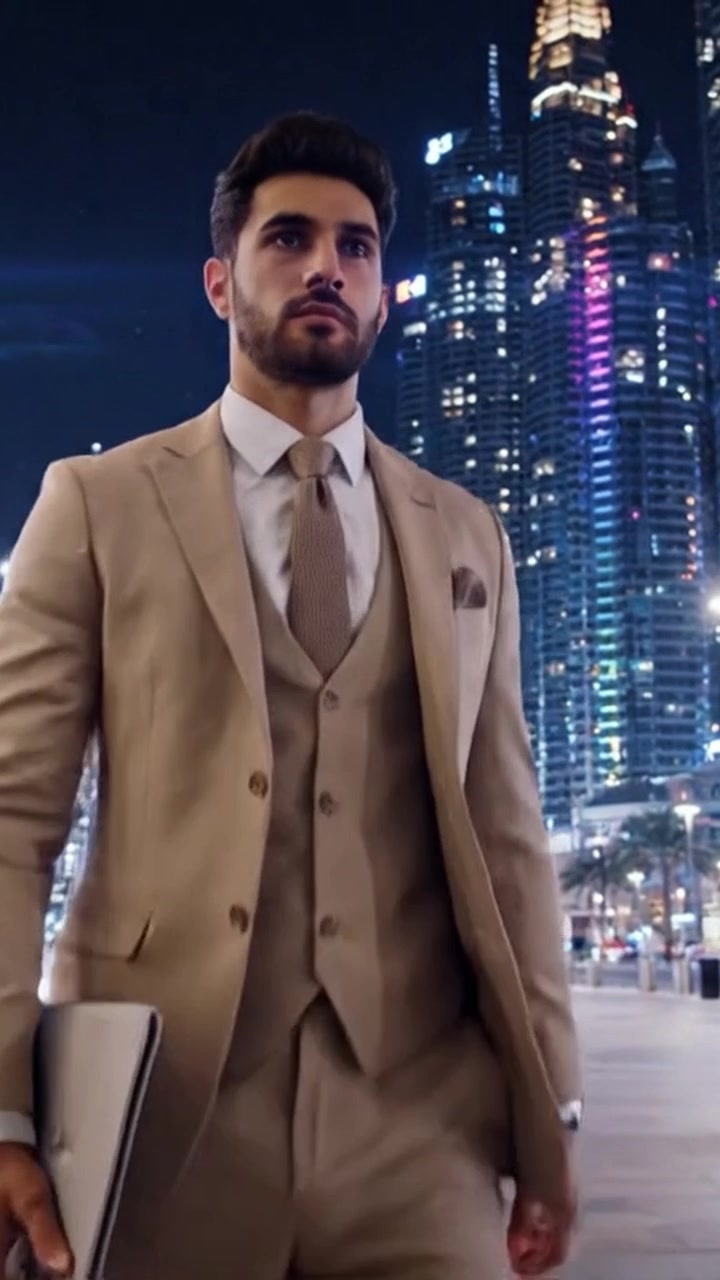 Individuo vestito con stile che cammina attraverso il paesaggio urbano di notte con grattacieli illuminati dalle luci della città in un ambiente urbano.