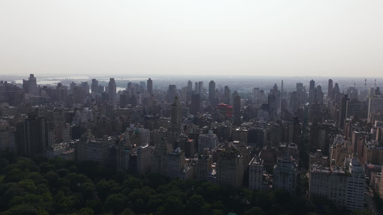 Aerial view over the Central park, toward Upper East Side, sunset in New York