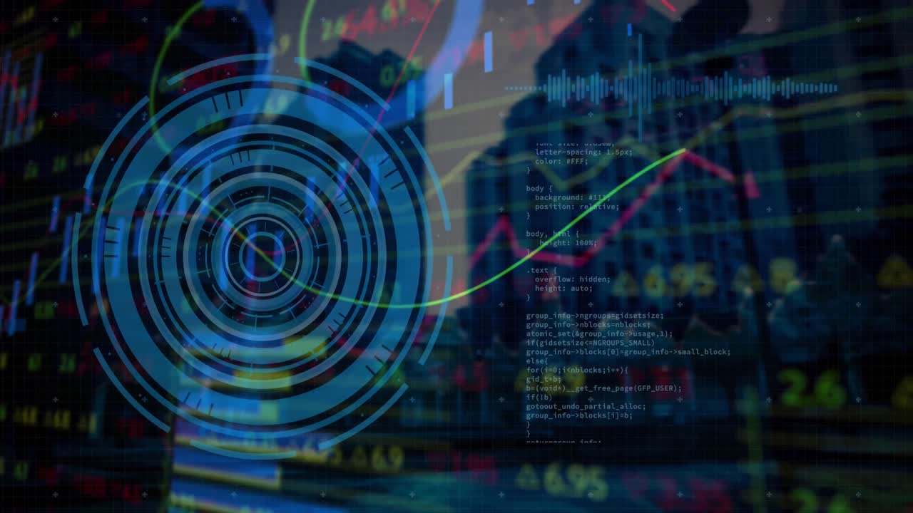 animación del escaneo del alcance y el procesamiento de datos financieros sobre el paisaje urbano