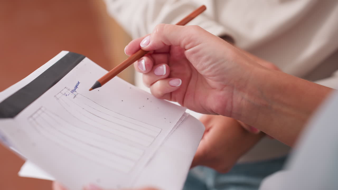 Closeup view of female hand with neat manicure using brown marker to point and make corrections on trouser design sketch drawn on white sheet during creative fashion project discussion indoors