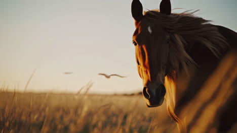 horse in a field at sunset