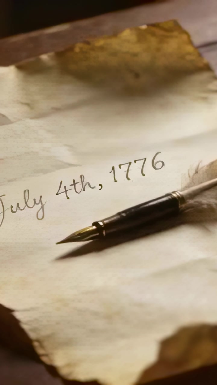 Vertical video: Shifting lens revealing parchment and quill settling on wooden desk, July 4th, 1776