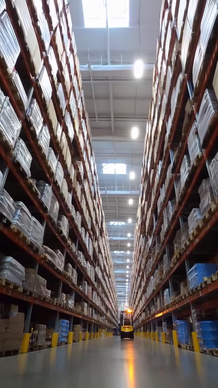 Vídeo gran angular de un pasillo enorme de un almacén, con estanterías inmensas llenas de cajas