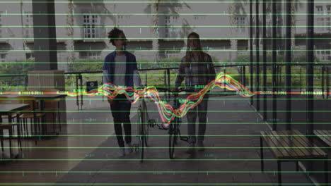 animation of financial data processing over diverse people walking with bikes