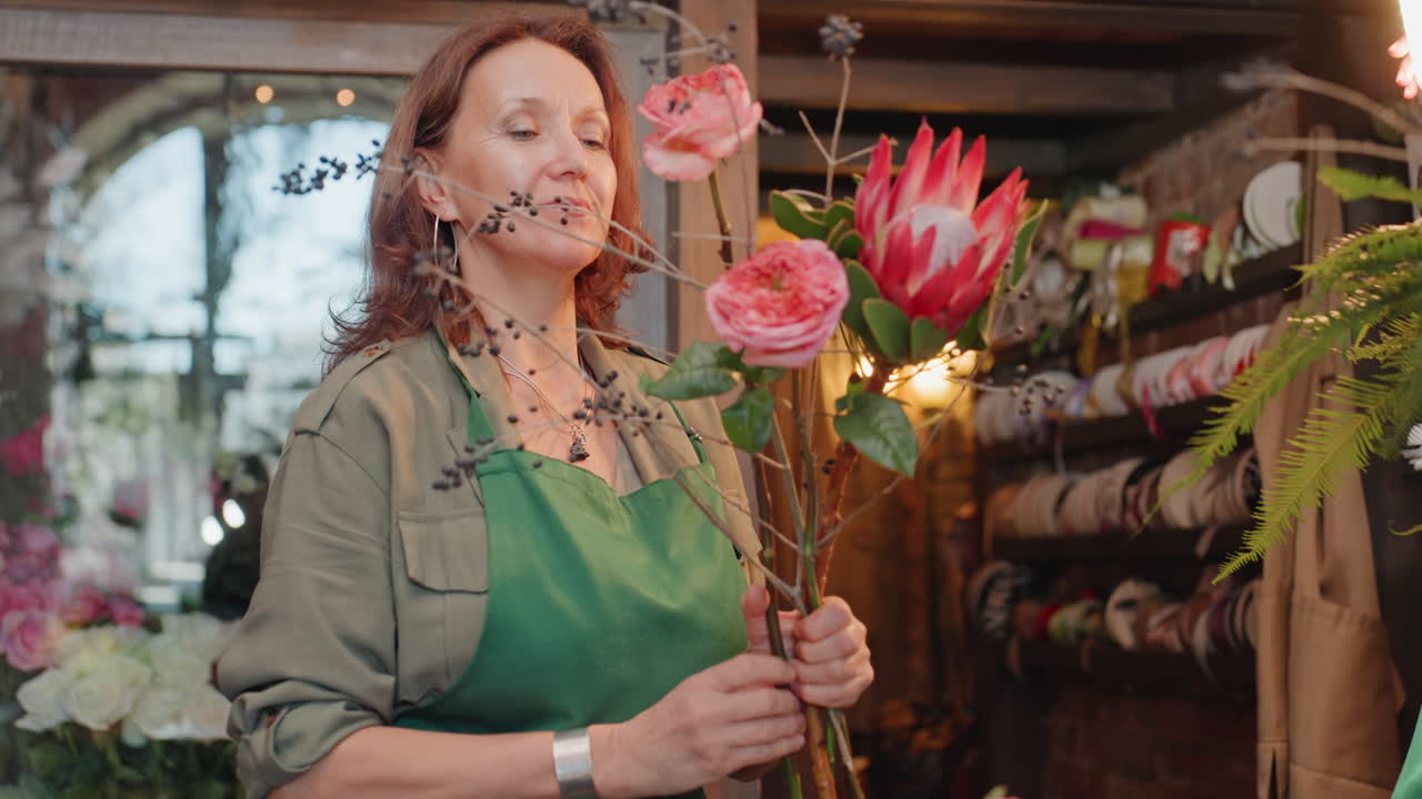 Donna sorridente mostra una composizione floreale. Fiorista amichevole offre vivaci steli di fiori in un accogliente ambiente di negozio. Felice fiorista donna presenta un vivace mazzo di protee in un'atmosfera accogliente del negozio.