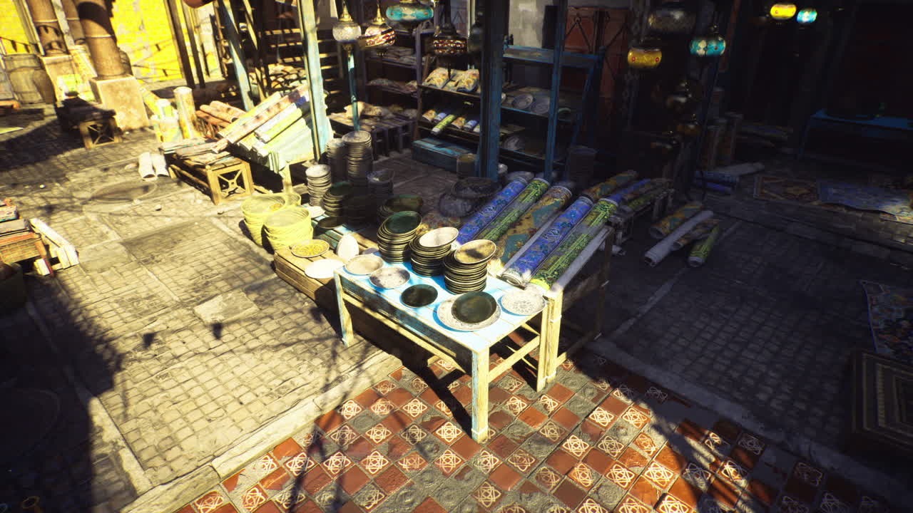 Luminous moroccan marketplace displaying artisanal pottery and ornate patterns