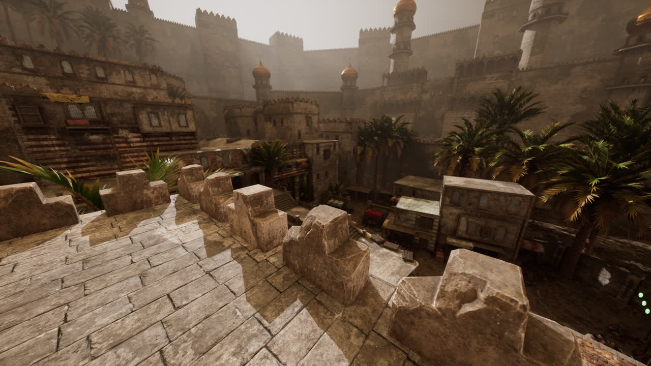 una ciudad medieval de fantasía con muros de piedra, torres y edificios, un paisaje desértico y palmeras