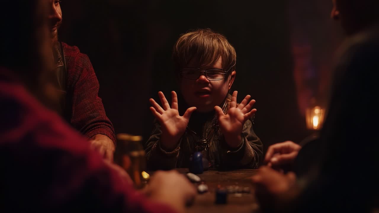 An engaging scene unfolds around a rustic table where a group of friends share lively moments with a young boy, emanating warmth and camaraderie as they enjoy their time together