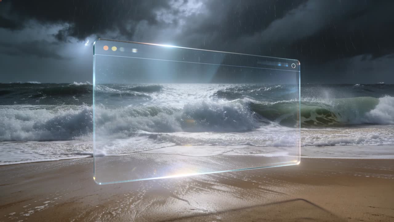 Finestra UI trasparente fluttuante con controlli rotanti che si sposta sopra la sabbia bagnata, vento che spinge onde e schiuma.