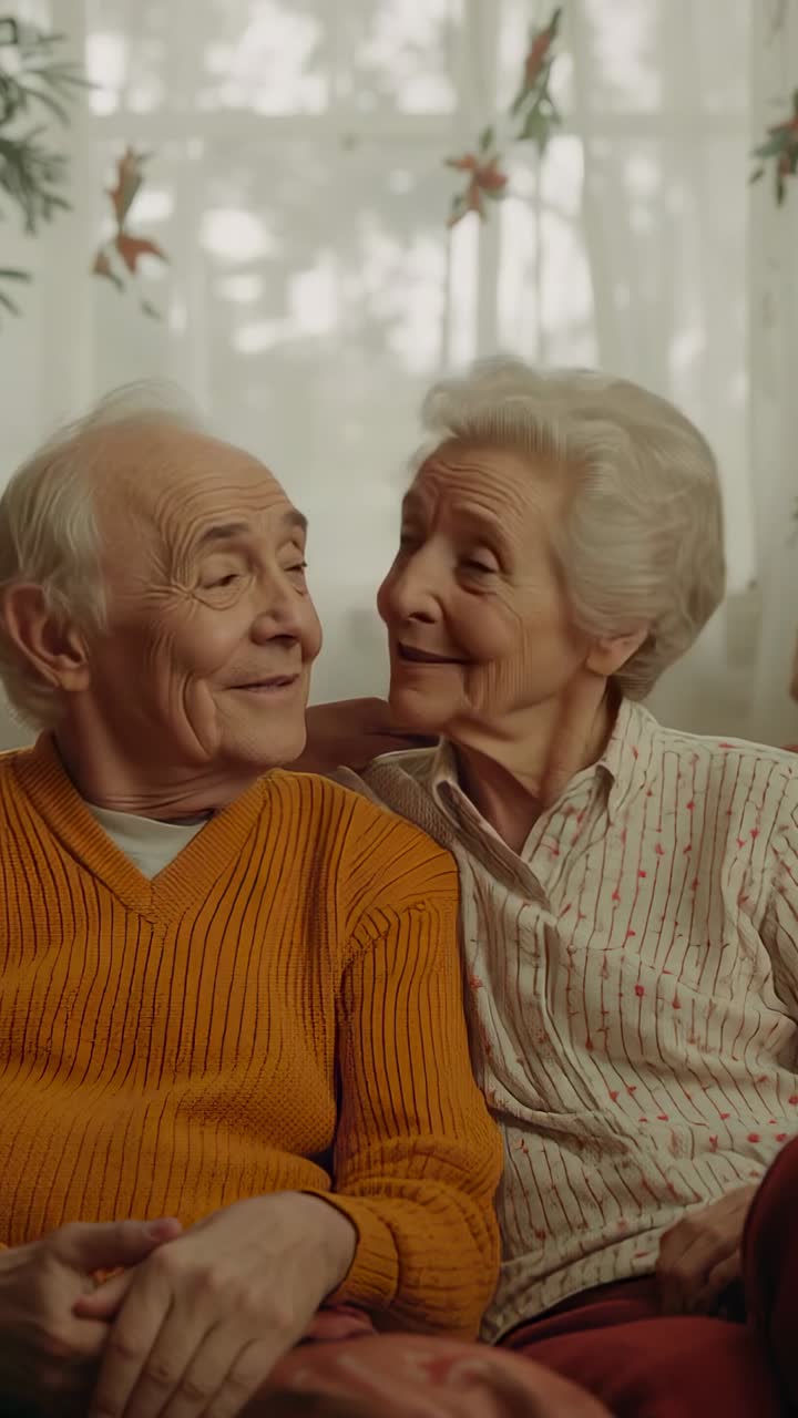 Vertical video: Shifting gaze woman leading man turning toward her on red couch, sharing affection