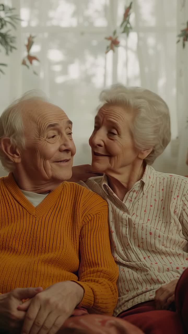 Vertical video: Shifting gaze woman leading man turning toward her on red couch, sharing affection