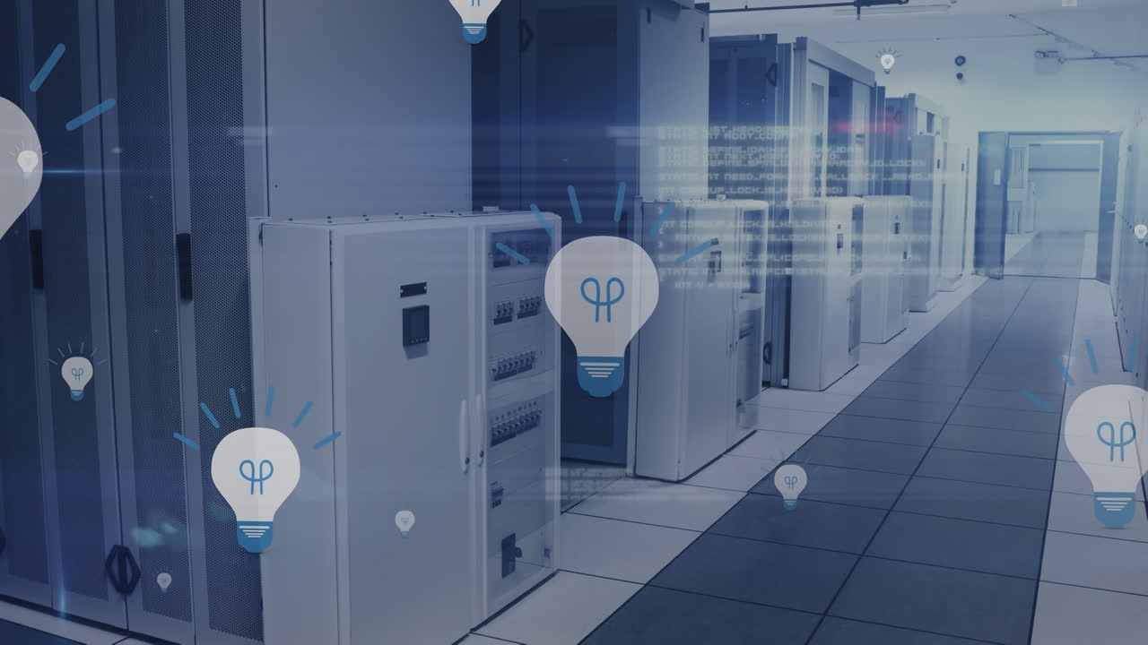 Animation of multiple electric bulb icon floating and data processing against computer server room