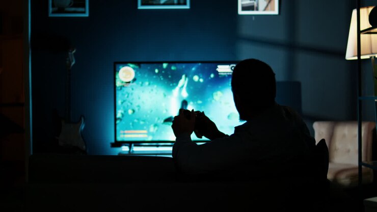 Skilled person enjoys winning online video games on smart tv setup