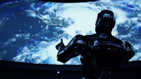 a futuristic robot gazes at a cosmic display, exploring the mysteries of the universe in a mesmerizing sci-fi environment