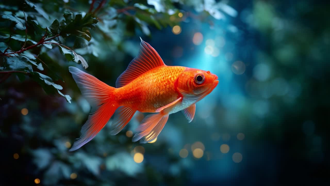 En farverig guldfisk, der svømmer elegant blandt frodigt grønt i en mystisk undervandsscene oplyst af blændende bokeh-lys og en rolig baggrund