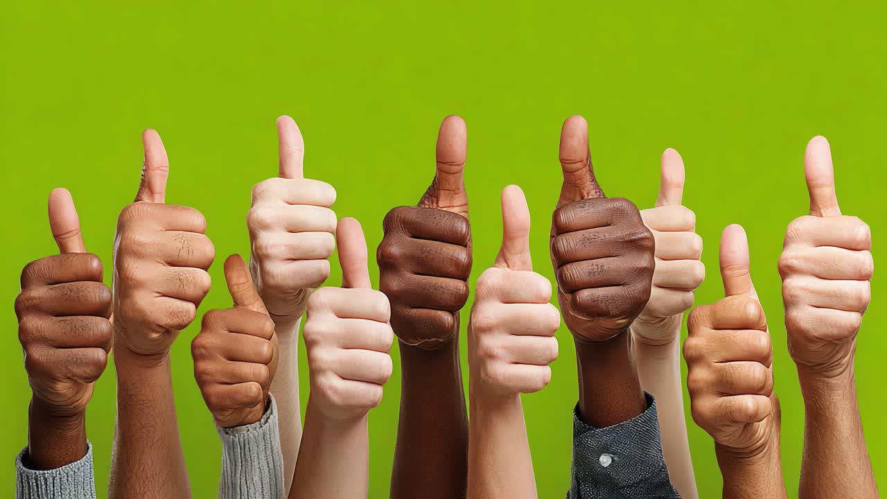 Un groupe diversifié de mains levant le pouce sur un fond vert vif, célébrant la positivité, l’unité et le support dans une démonstration joyeuse d’approbation et d’encouragement