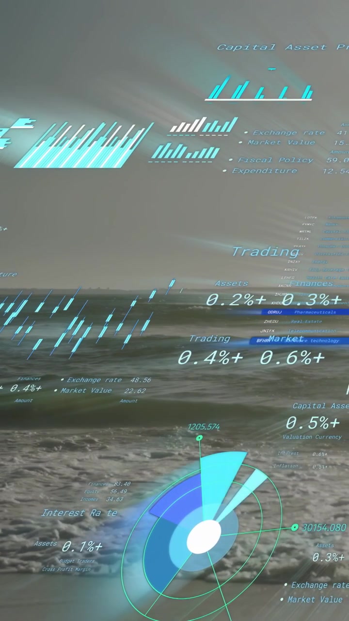 Vertikal video: Kameravipp starter finans-HUD over sjøen, søyler og målere stiger, radar vokser, handel.