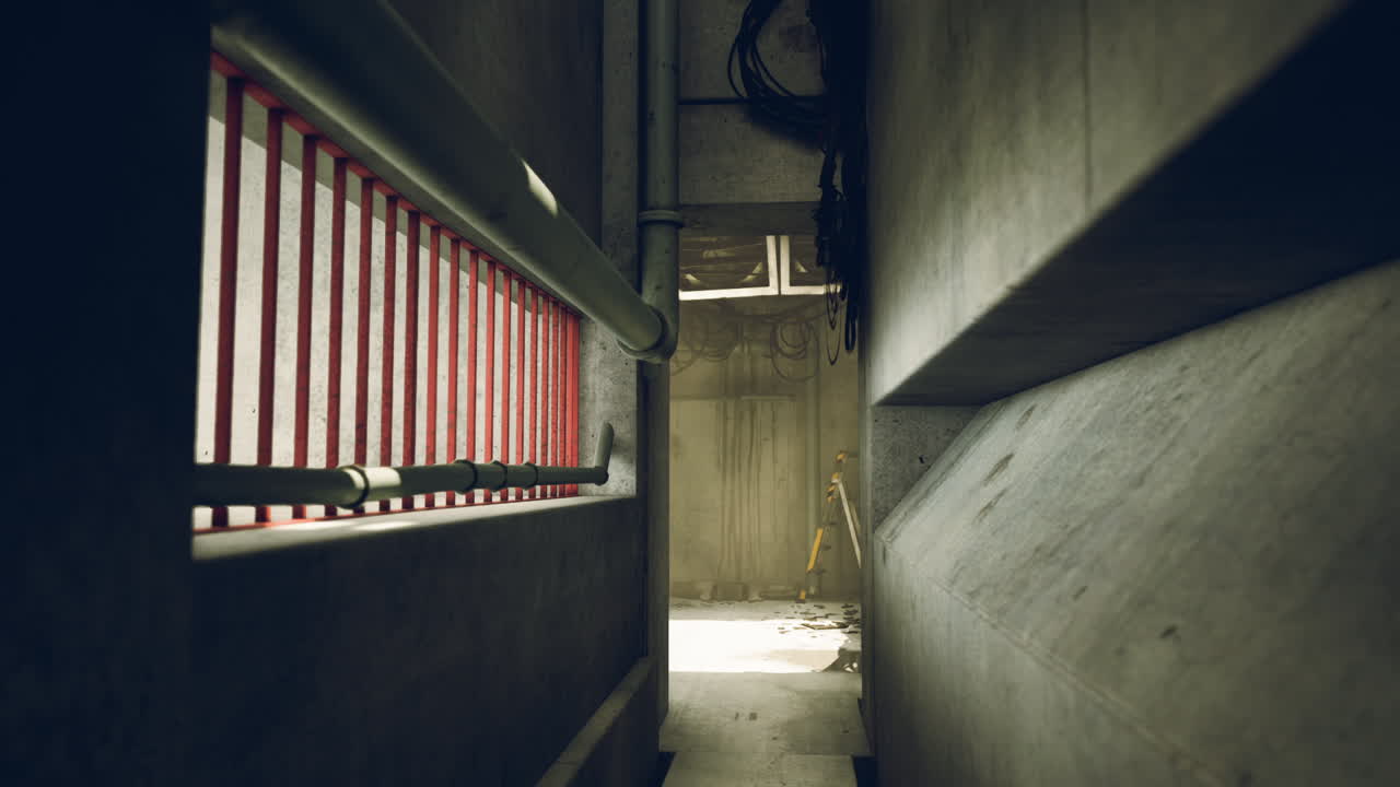 Exploring a dark concrete corridor in an industrial building with ambient light