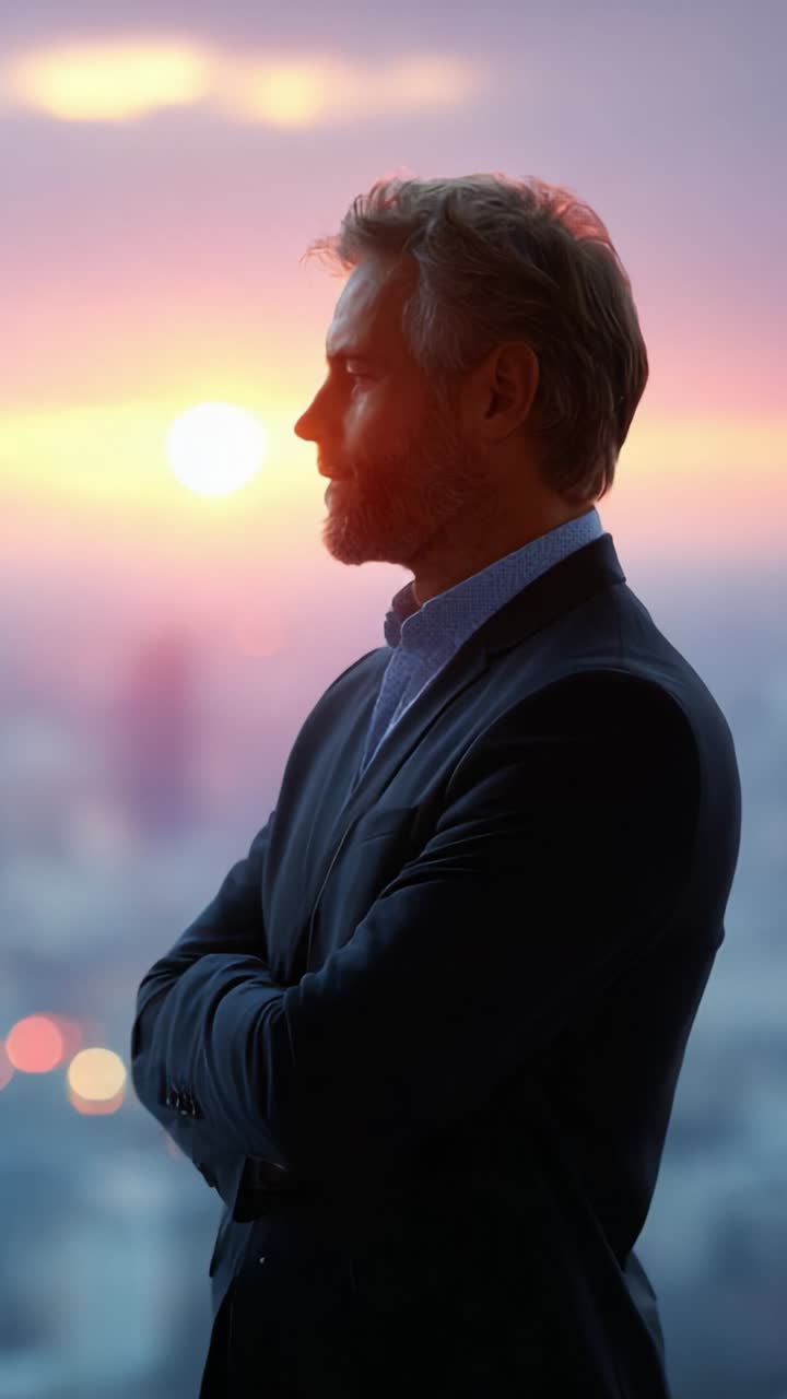 Contemplation at Dusk: A Thoughtful Man Silhouetted Against a Colorful Sunset Overlooking a City Skyline