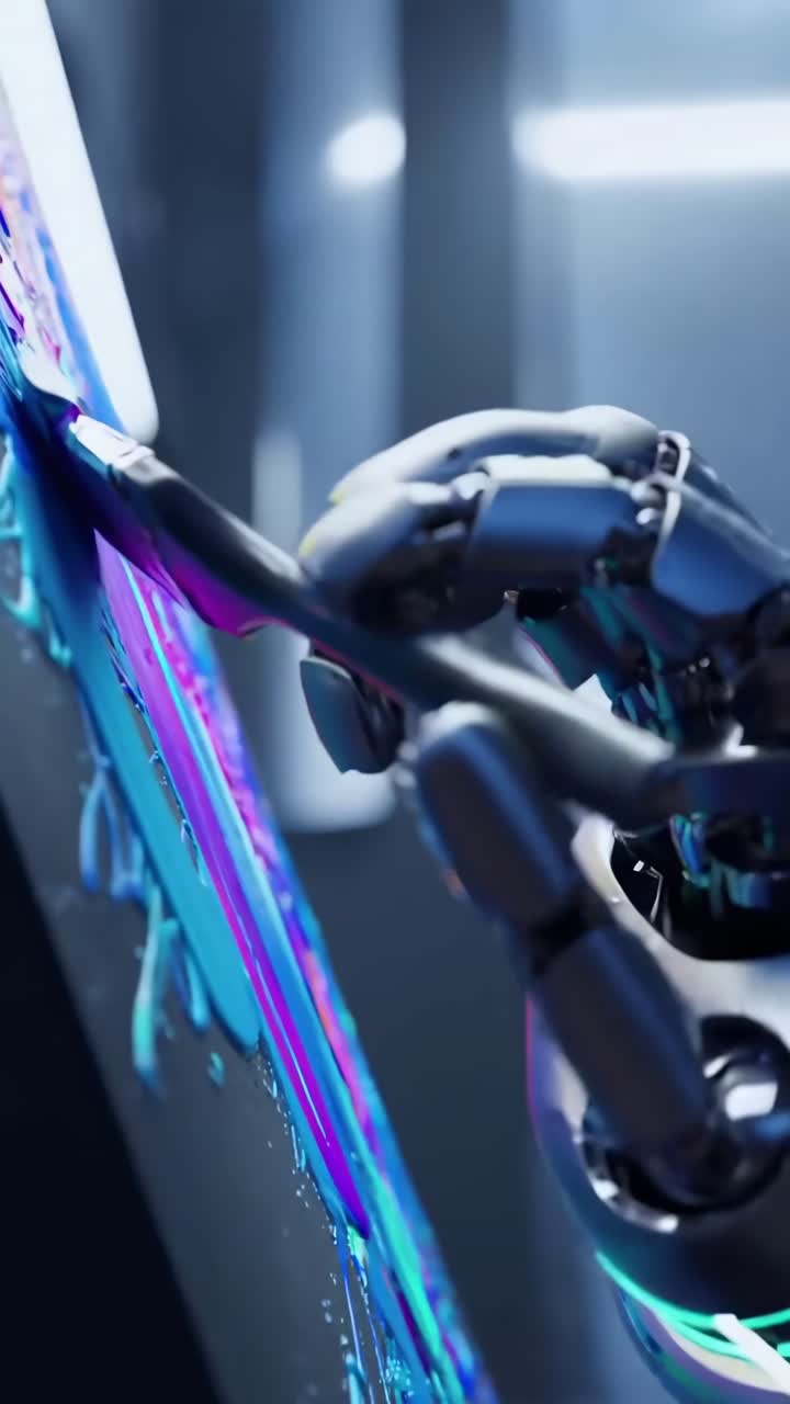 Close-up video of a robotic hand painting vibrant abstract art from a side angle
