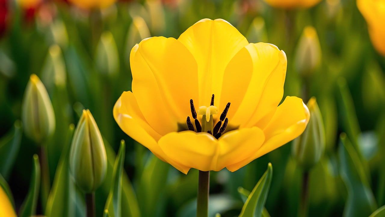 Kirkkaan keltainen tulppaani kukkii aurinkoisella kevätpellolla
