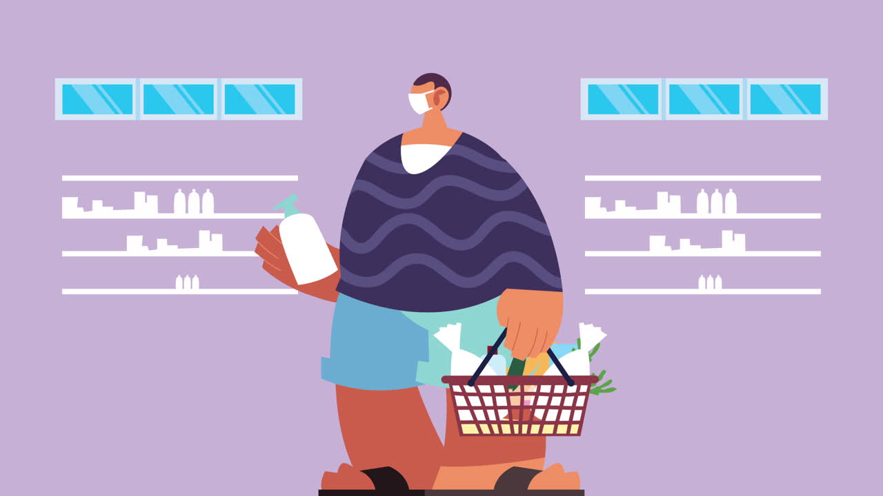 메디컬 마스크를 착용한 주부가 슈퍼마켓에서 코로나19 보호를 위해 식료품을 구입하고 있습니다.