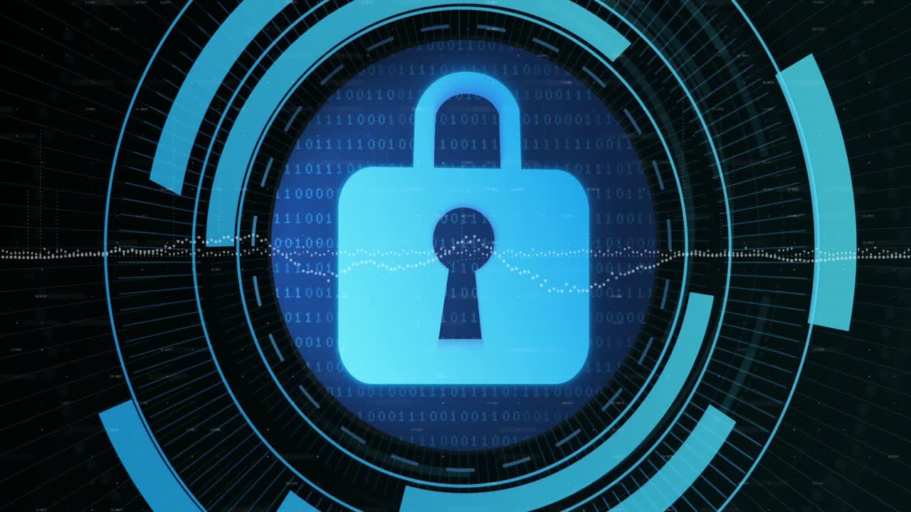 animación del icono del candado de seguridad sobre el escáner redondo contra el procesamiento de datos de codificación binaria