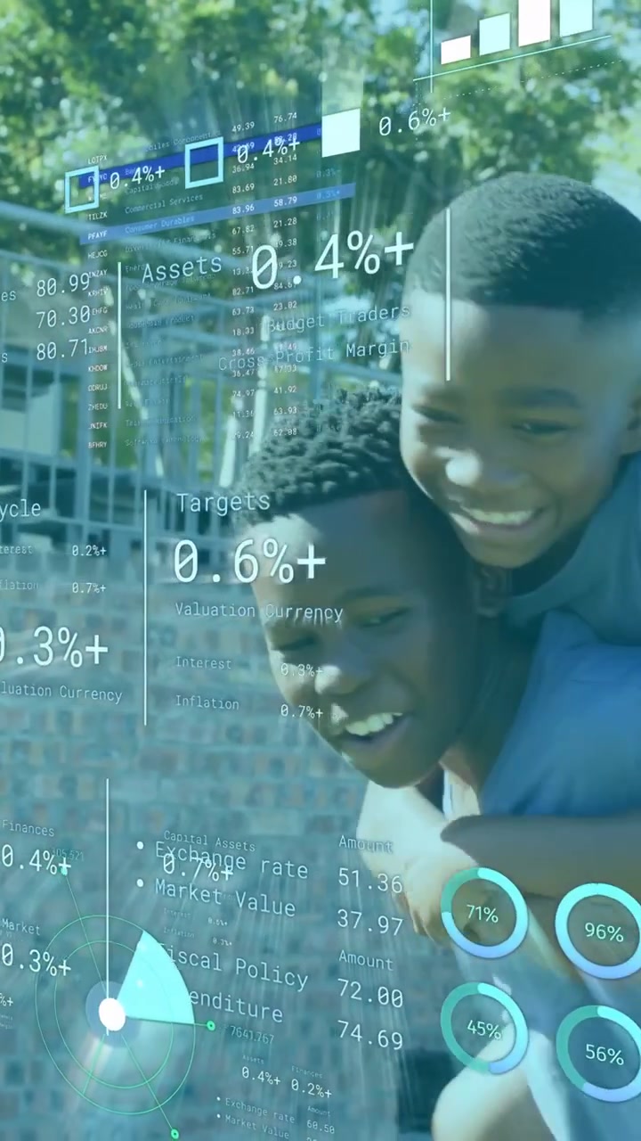 Vertical video: Two boys playing smaller climbing piggyback, older walking under finance HUD charts