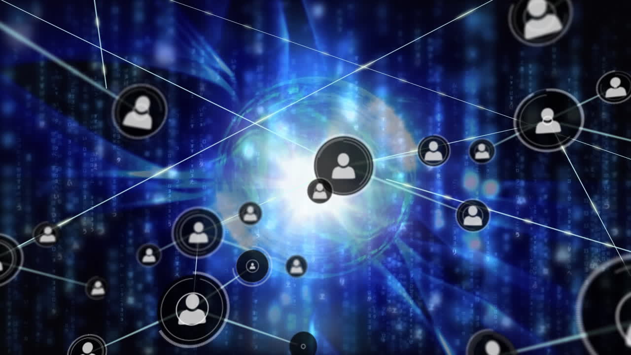 animación de la red de conexiones con iconos sobre el procesamiento de datos y un globo sobre fondo negro