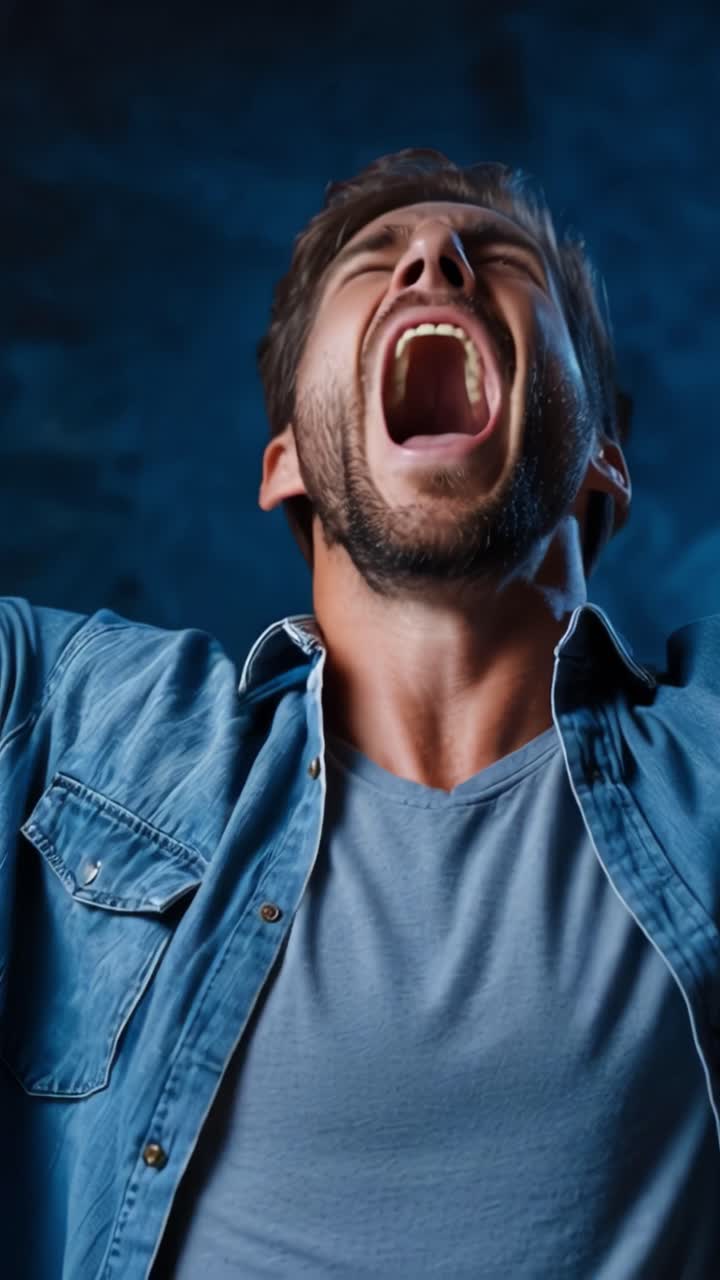 A passionate man expresses intense emotions through shouting and strong facial expressions in a dramatic lighting setup, showcasing the depth of human emotion
