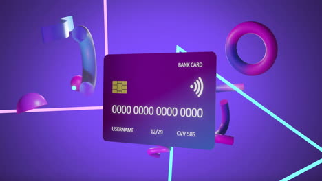 animation of credit card with data over purple background