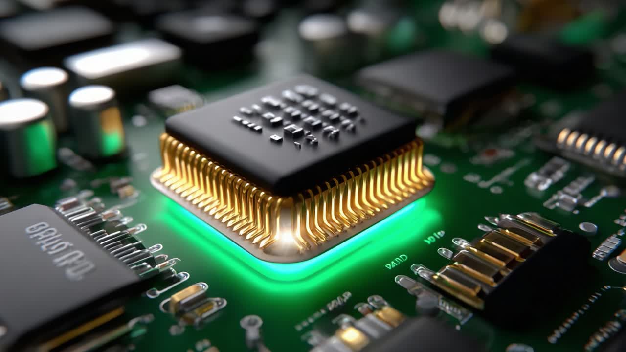 A Close-Up View of a Modern Microprocessor on a Circuit Board, Highlighting Its Intricate Design and Advanced Technology with LED Illumination Creating a Stunning Visual Effect