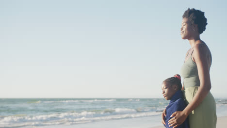 happy african american mother and daughter embracing at beach, in slow motion, with copy space