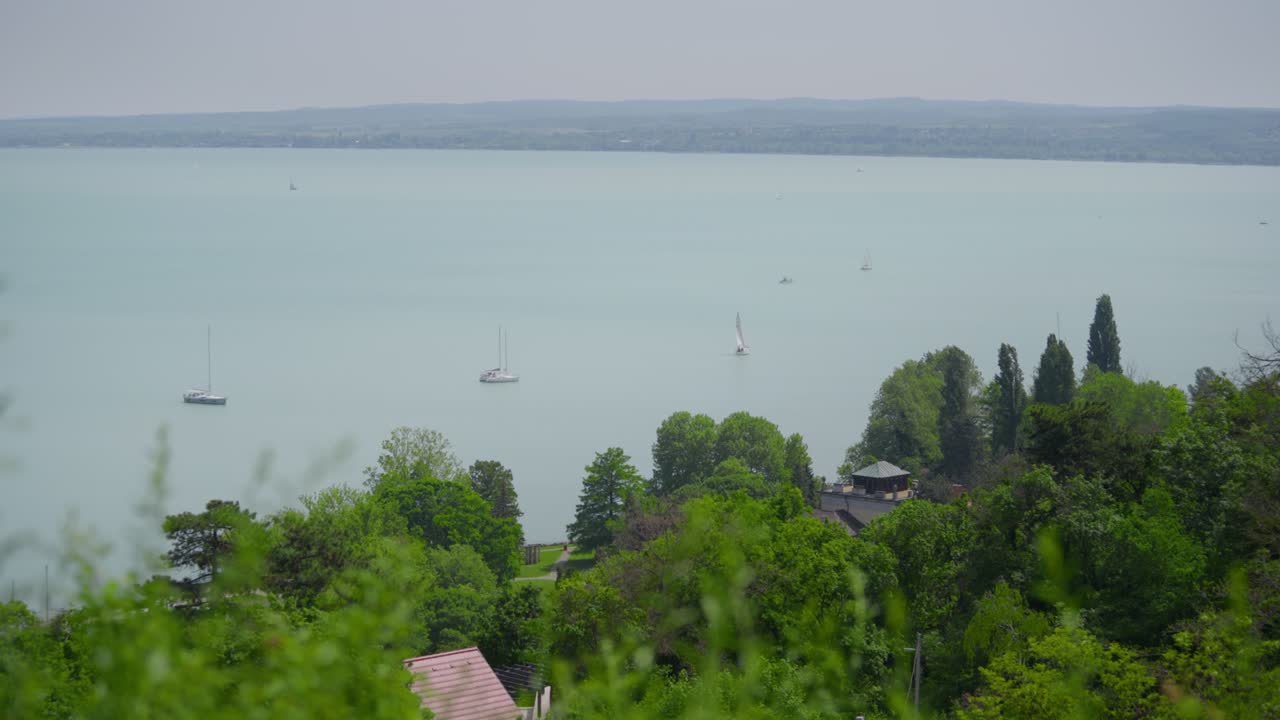 Sailboats At Lake Balaton Over Tihany Peninsula In Tihany, Hungary, Europe. Aerial Wide Shot