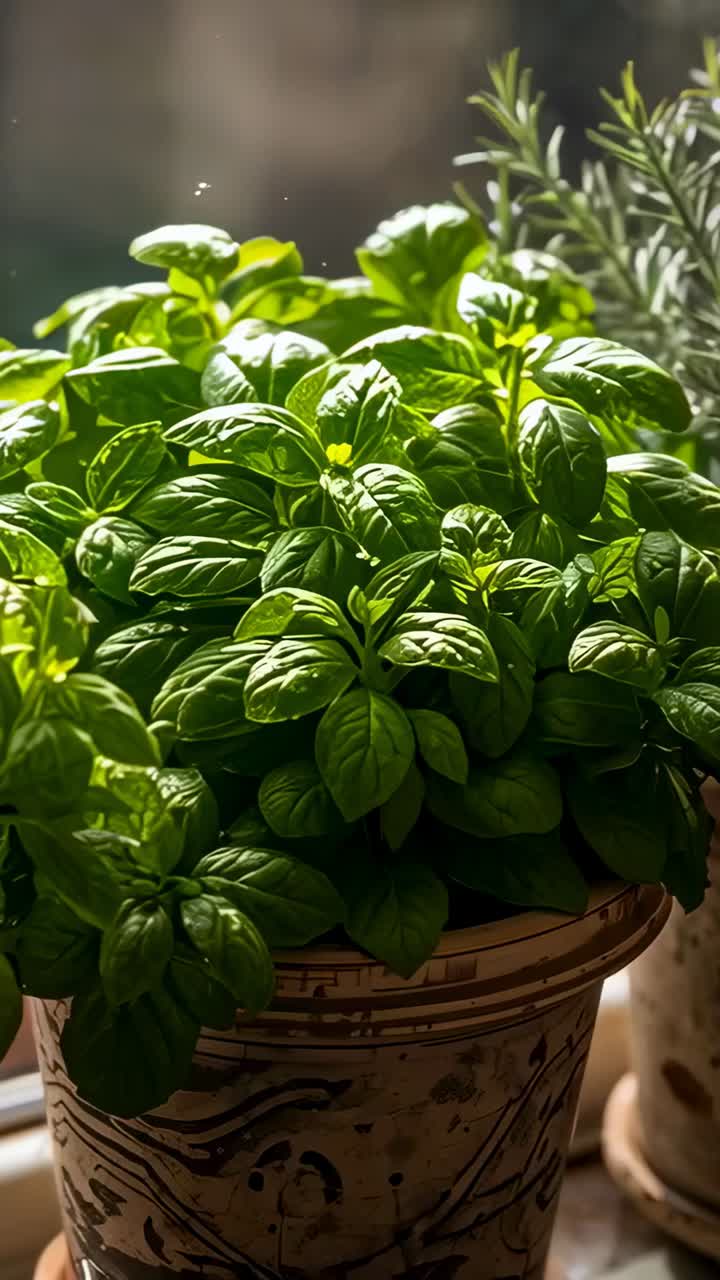 Vertical video: Sliding camera revealing basil moving to rosemary on sill, dust motes, copy space