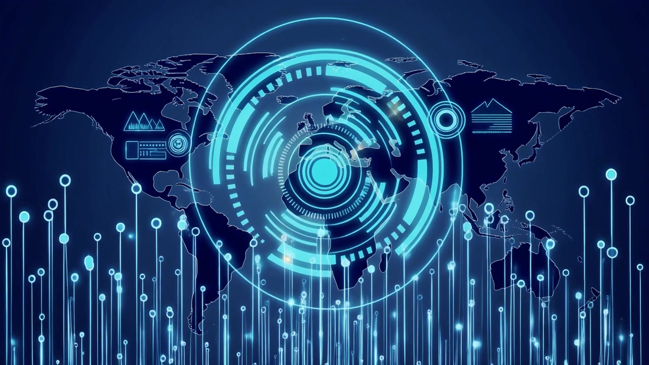 Digital World Map with Futuristic Data Visualization and HUD Interface