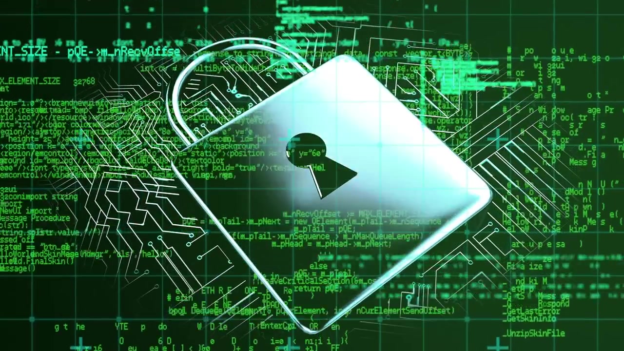 Animation of data processing, online security padlock and computer circuit board over grid