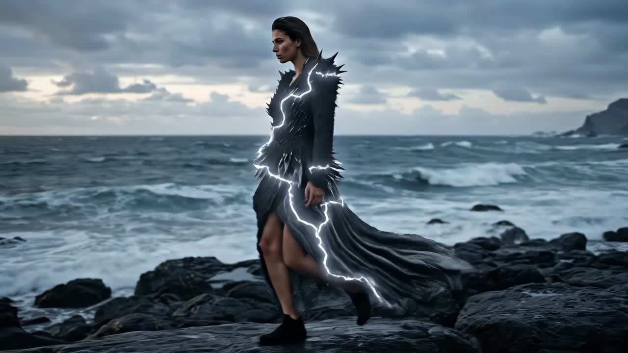 Mysterious Woman in Avant-Garde Dress on Rocky Shore